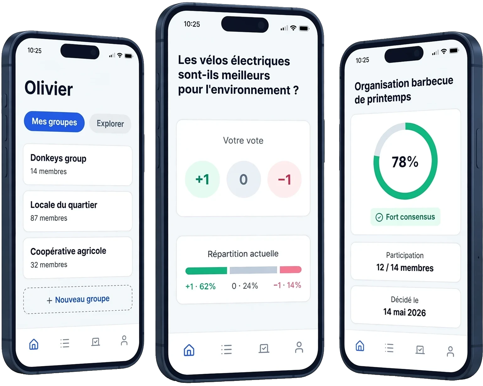 Trois écrans de l'application Donkeys : la liste des groupes, un vote en cours sur une proposition, et un résultat approuvé à 78 pour cent
