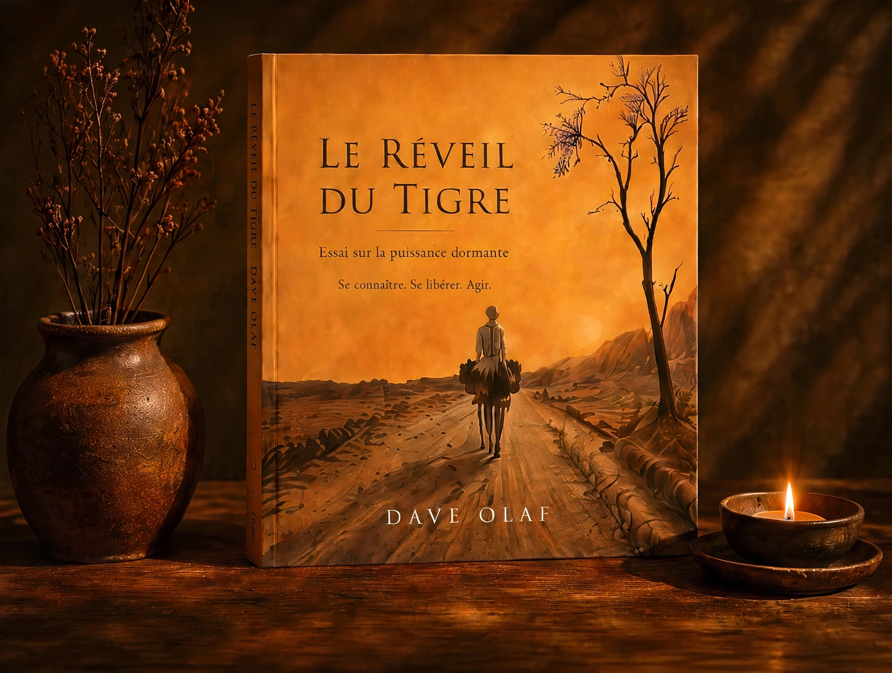 Le livre Le Réveil du Tigre, posé sur une table de bois entre un vase de branches sèches et une bougie